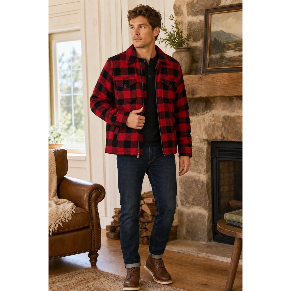 Legendary‎ Whitetails Shirt Jacket Mens L Red Buffalo Plaid Wool Sherpa Lined